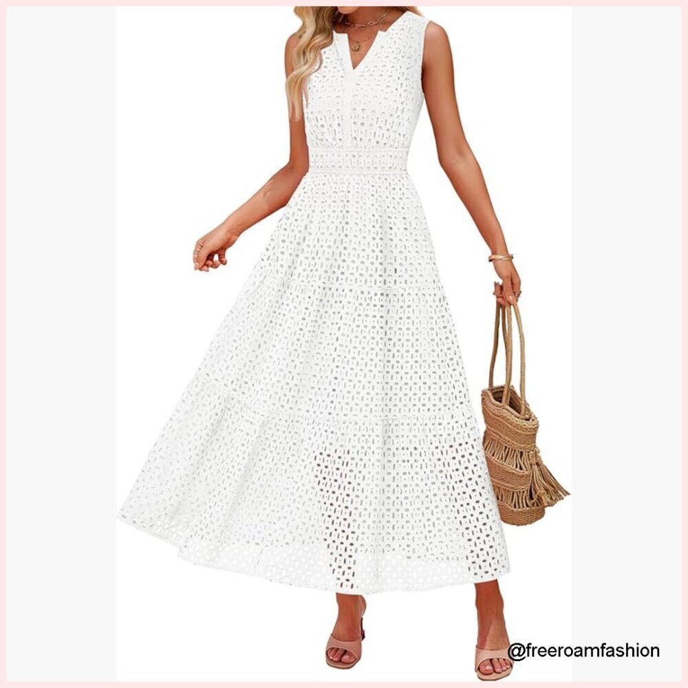 Sleeveless Maxi Dress V-Neck Eyelet Hollow Out A-Line Flowy Casual Party